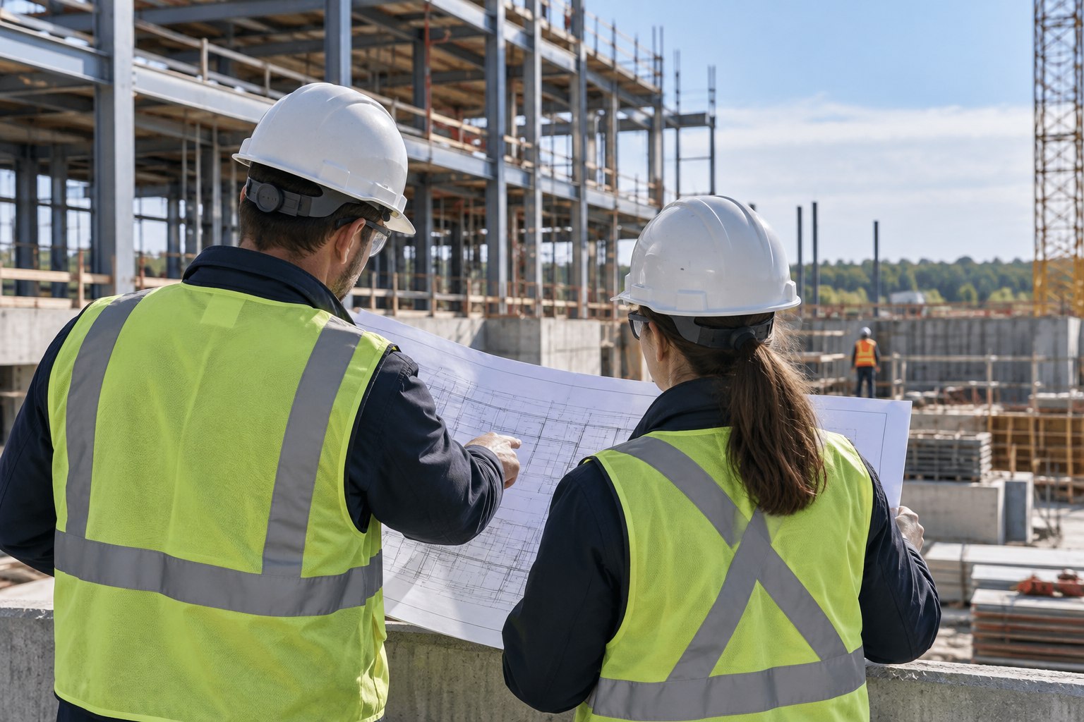 Examen de plans sur un chantier de construction