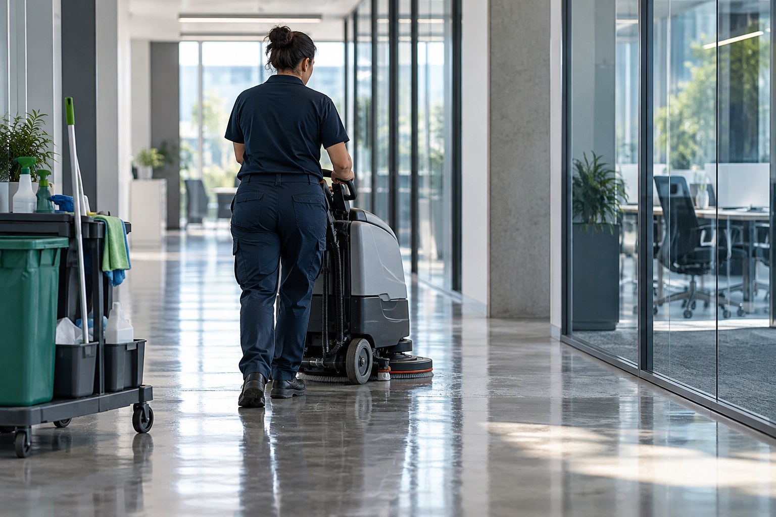 Entretien professionnel des sols dans un immeuble de bureaux
